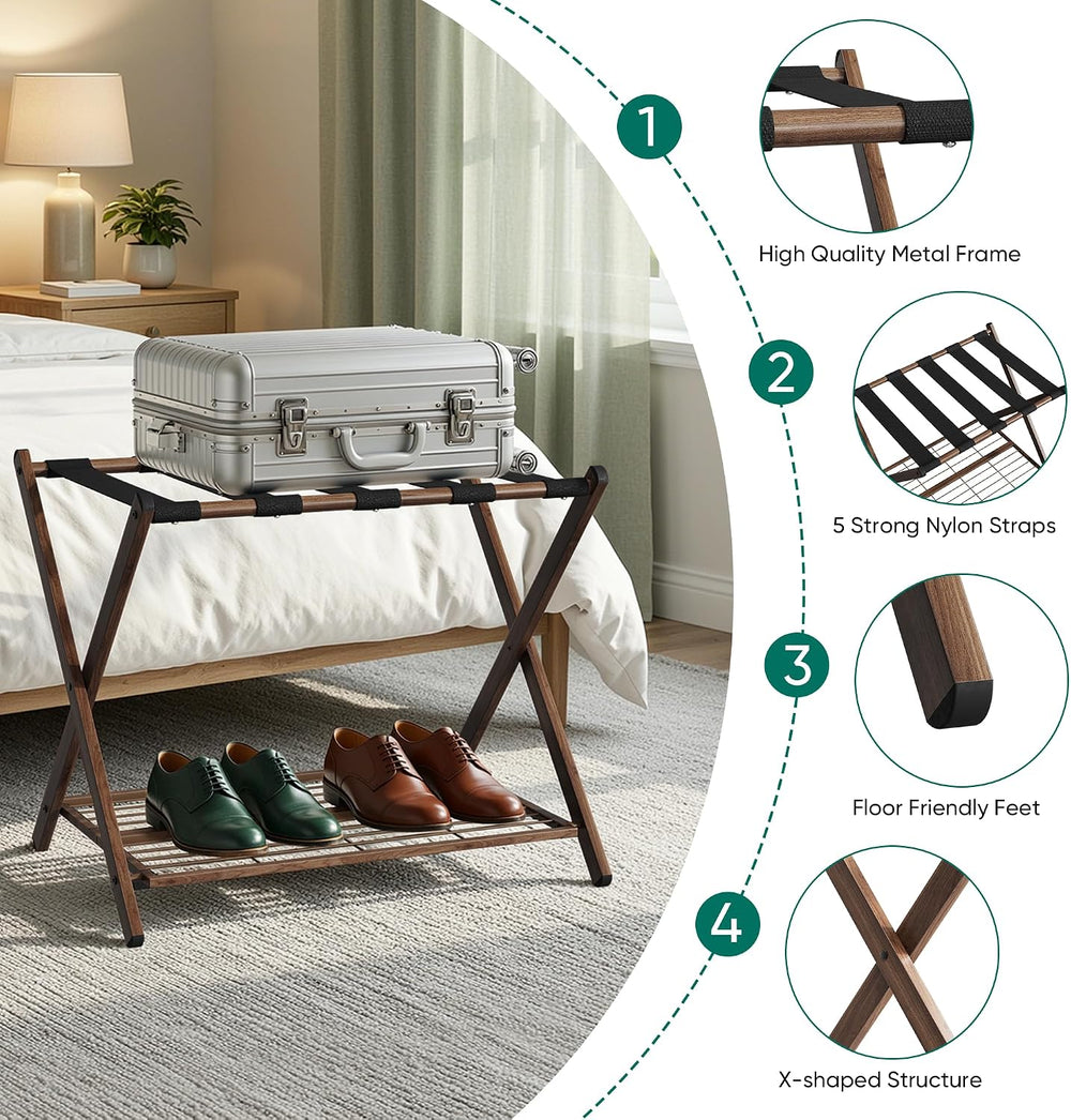 Smuxee Fully Assembled Walnut Grain Luggage Rack set of 2, Foldable Iron Suit...