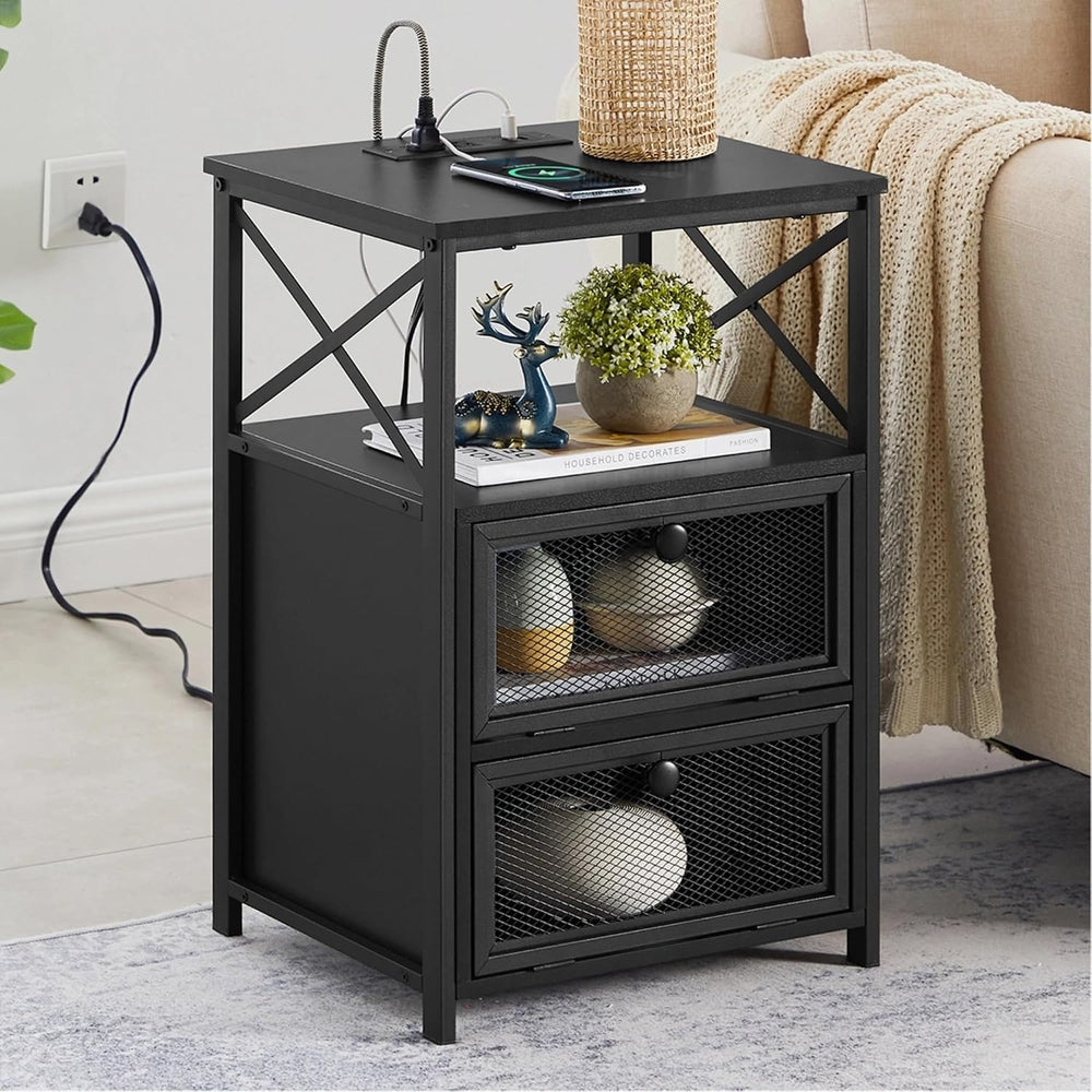 VECELO Black End Table with USB Ports and Outlets,24 Inch Nightstands with Ch...