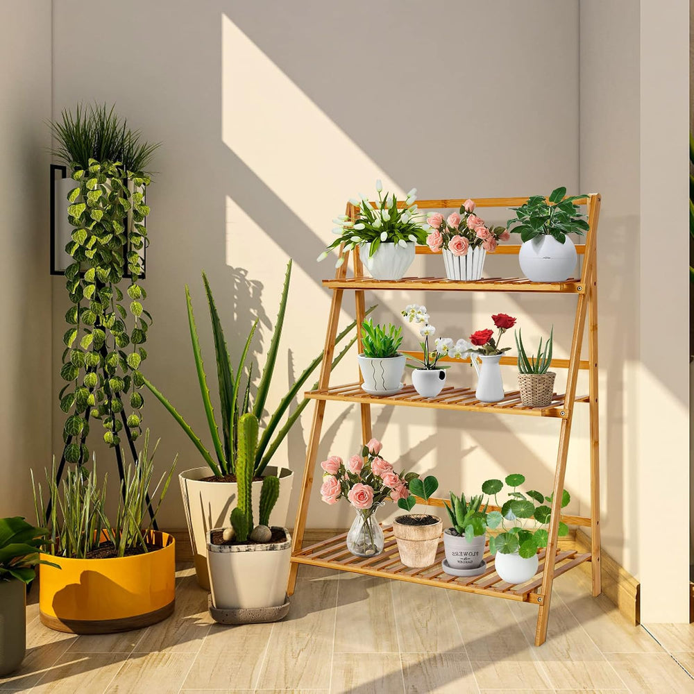 COSTWAY Bamboo Plant Stand, Foldable Multifunctional Flower Display Ladder Sh...