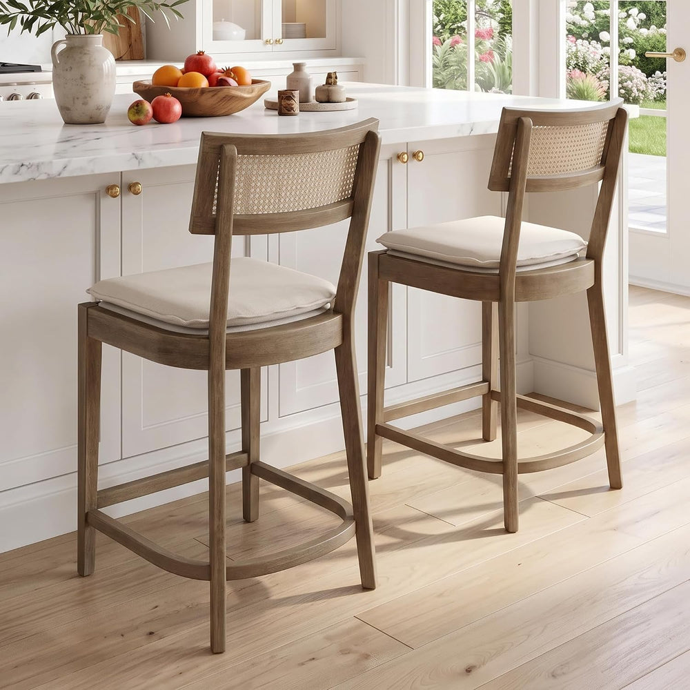 Rattan Counter Height Bar Stools Set of 2, 26" Wooden Bar Stools