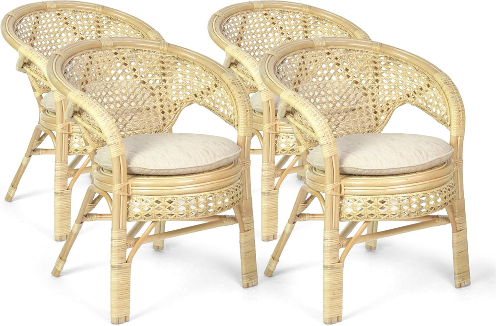 Set of 4 Pelangi Handmade Rattan Dining Wicker Chairs Natural Color w/Cream C...