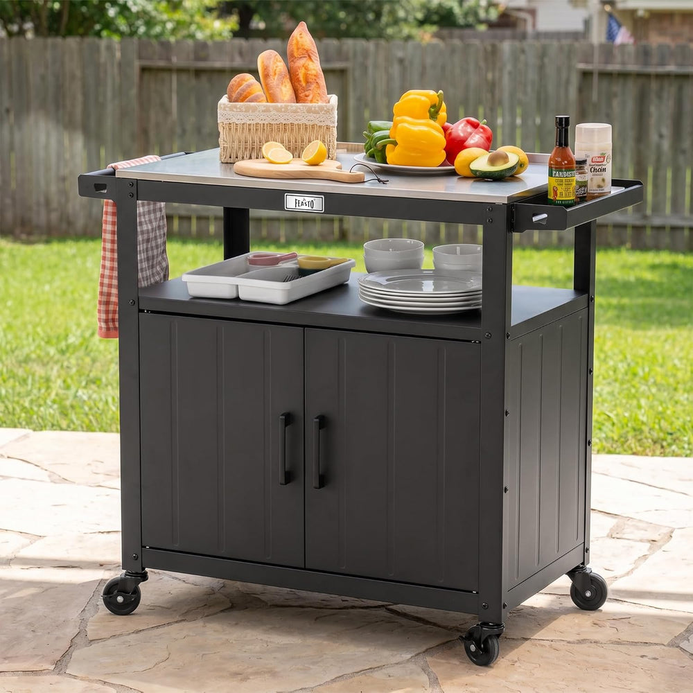 Feasto Outdoor Grill Cart w/Storage Cabinet, Stainless Steel Top, Black