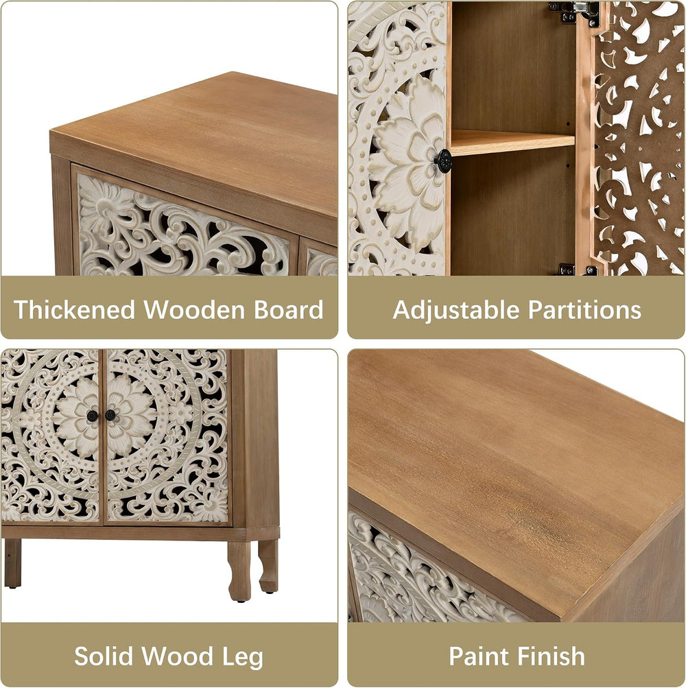 Buffet Cabinet with Storage, 4 Carved Doors, Natural&White