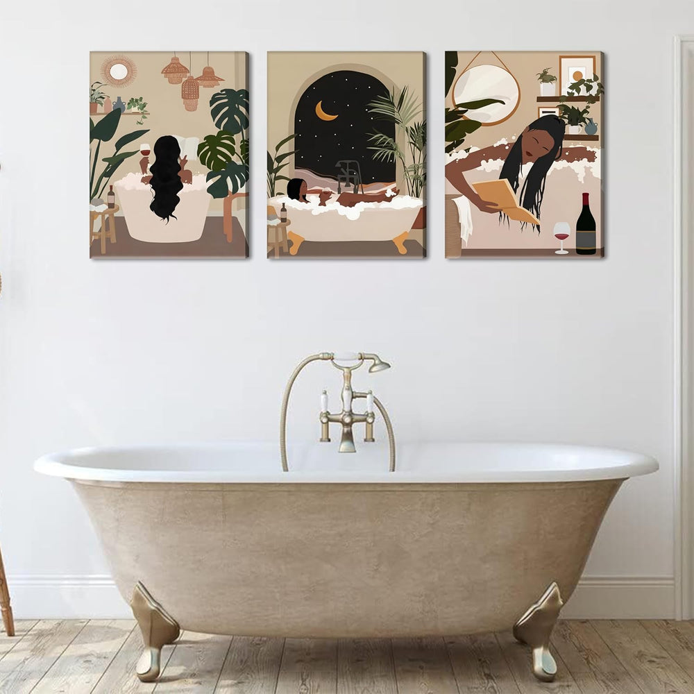 Black Girl Bathroom Wall Art Set of 3, Fashion Boho Black Woman Canvas Wall D...