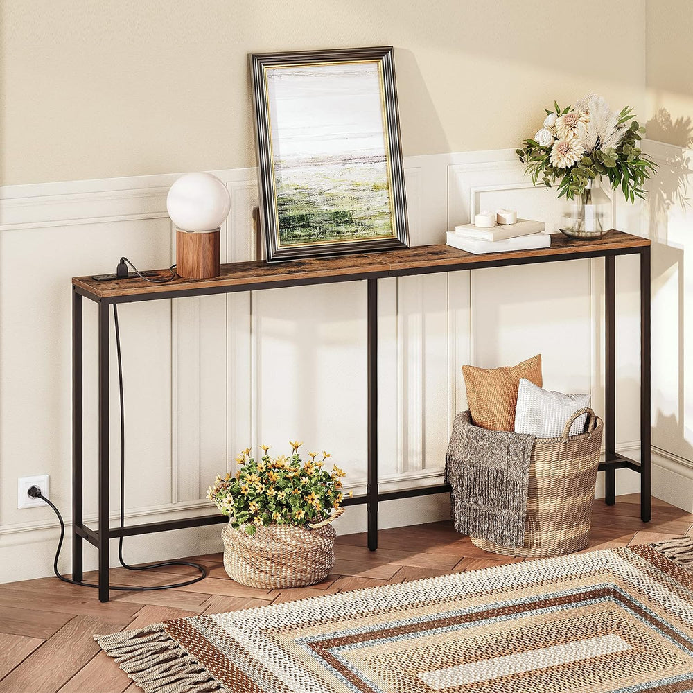 MAHANCRIS 63" Console Table with Power Outlet, Narrow Sofa Table, Brown
