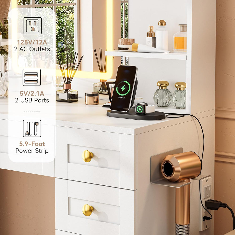 NUNU LAB White Vanity Desk with Sliding Mirror and Lights | Women Makeup Vani...