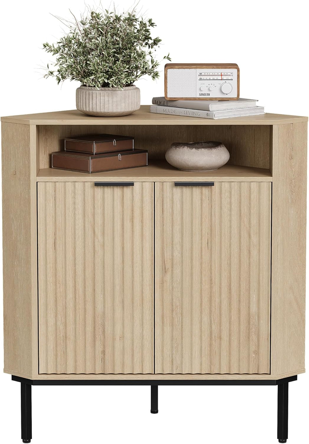 Fluted Corner Cabinet with Storage, Modern Floor Cabinets with Adjustable She...