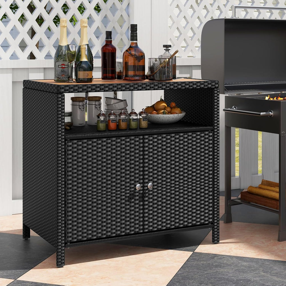 DREAMADE Outdoor Storage Cabinet, Wicker Patio Cabinet with Wood Top, Black