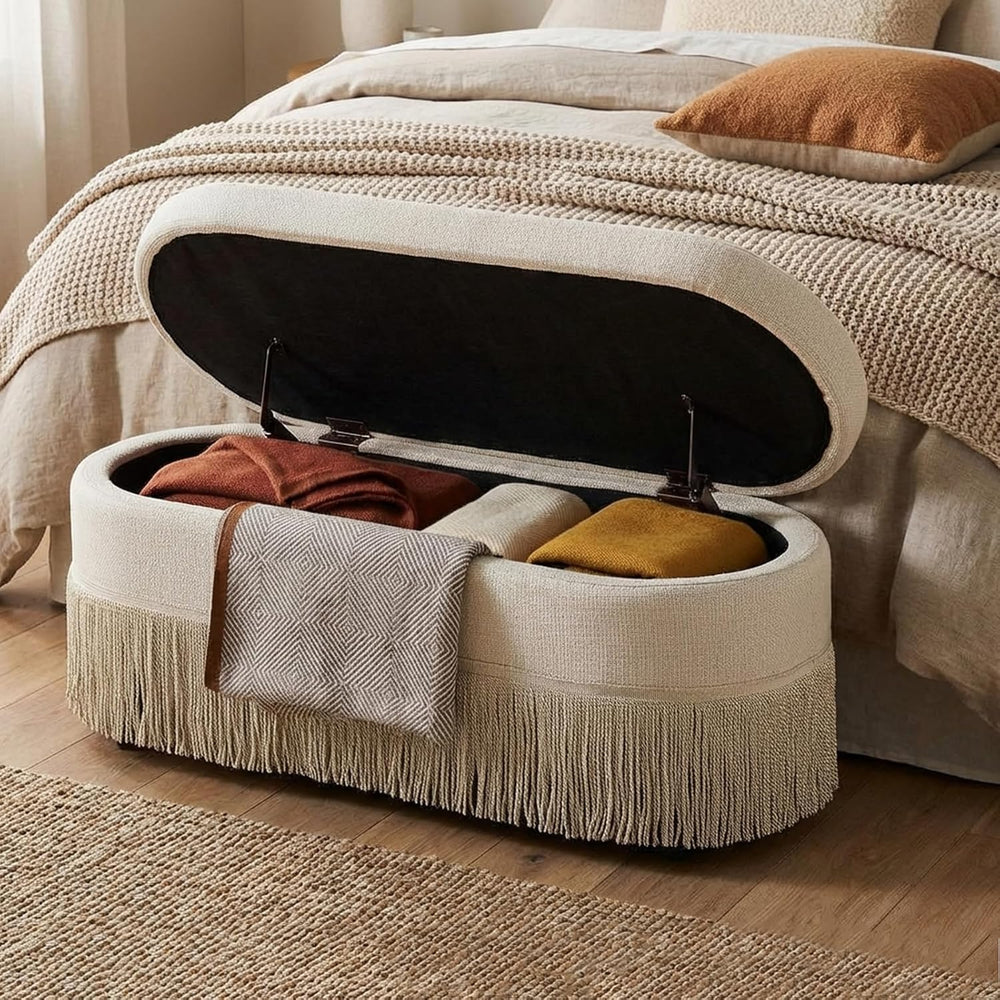 39.4“ Boho Storage Ottoman Bench with Tassels,Upholstered End of Bed Bench | ...