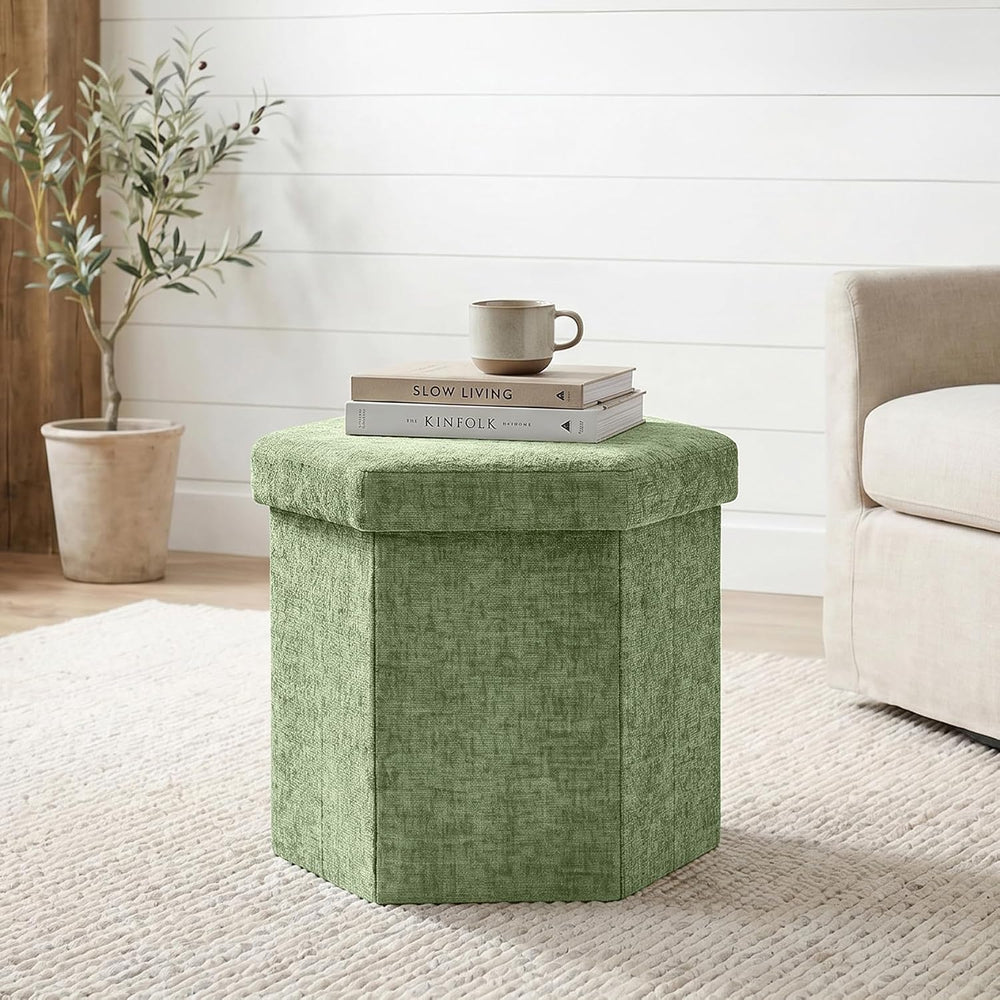 Hexagon Storage Ottoman, Foldable Chenille FootRest with Hidden Storage, Smal...