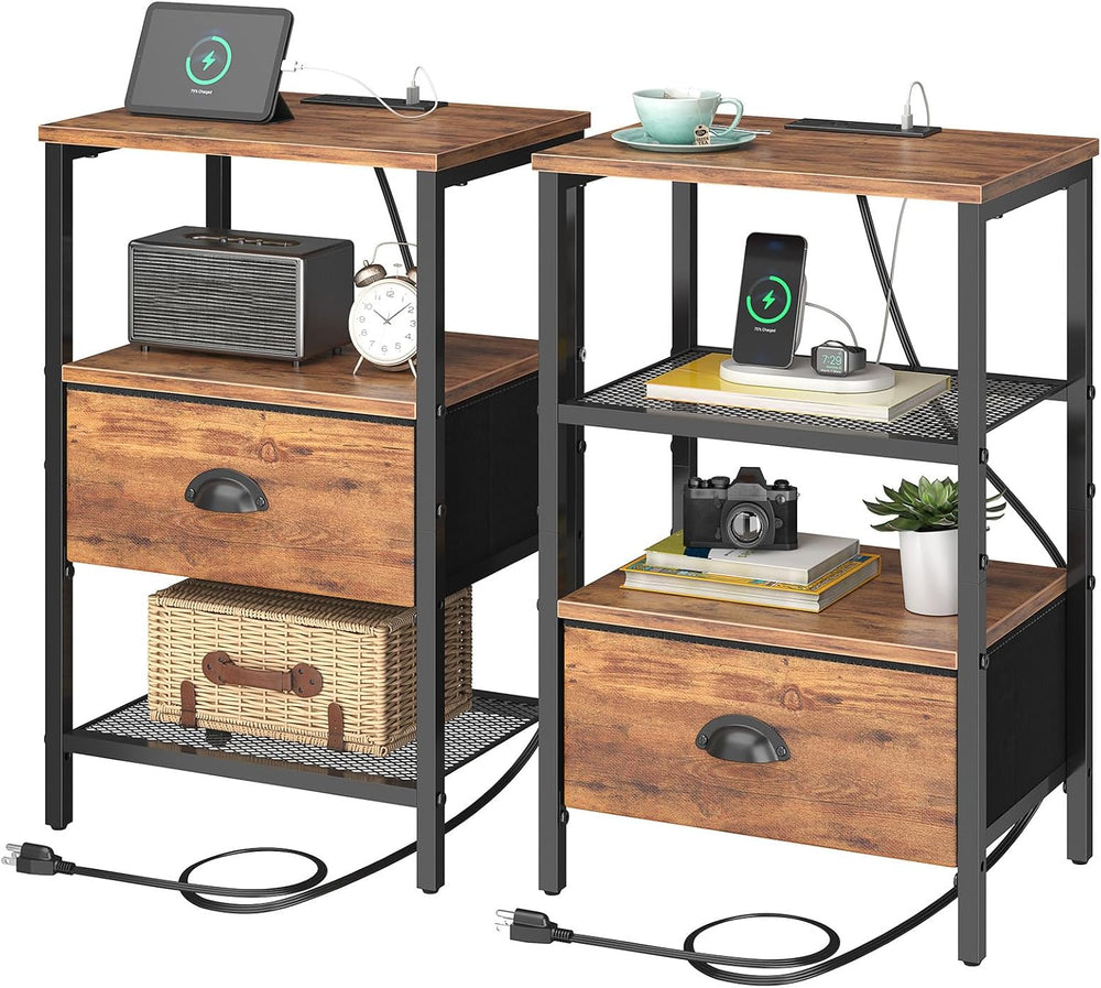 sthmec Nightstands Set of 2, Night Stands with Charging Station and Fabric Dr...