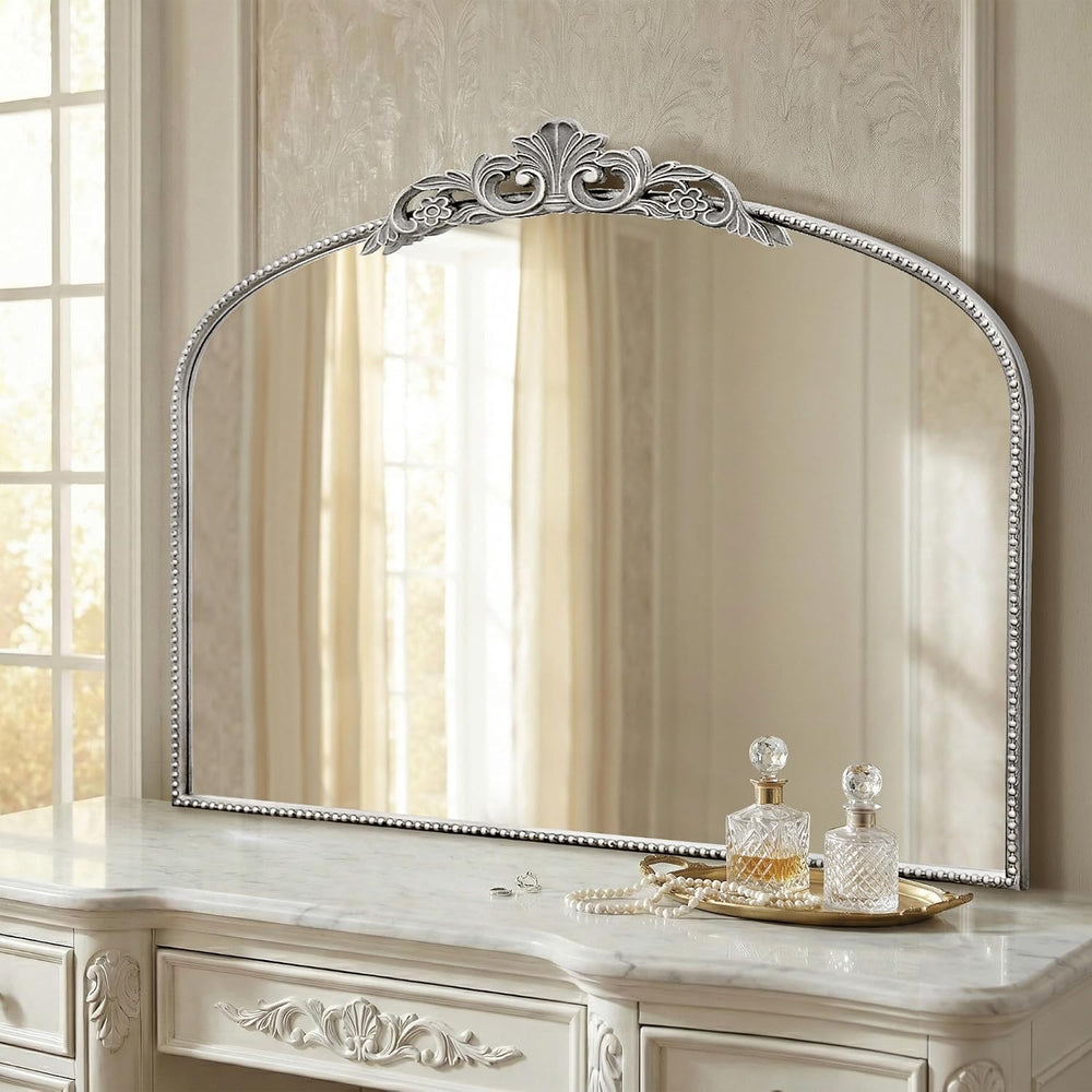 Vintage Silver Wall Mirror: 40"x29" Baroque Antique Arched Mirror