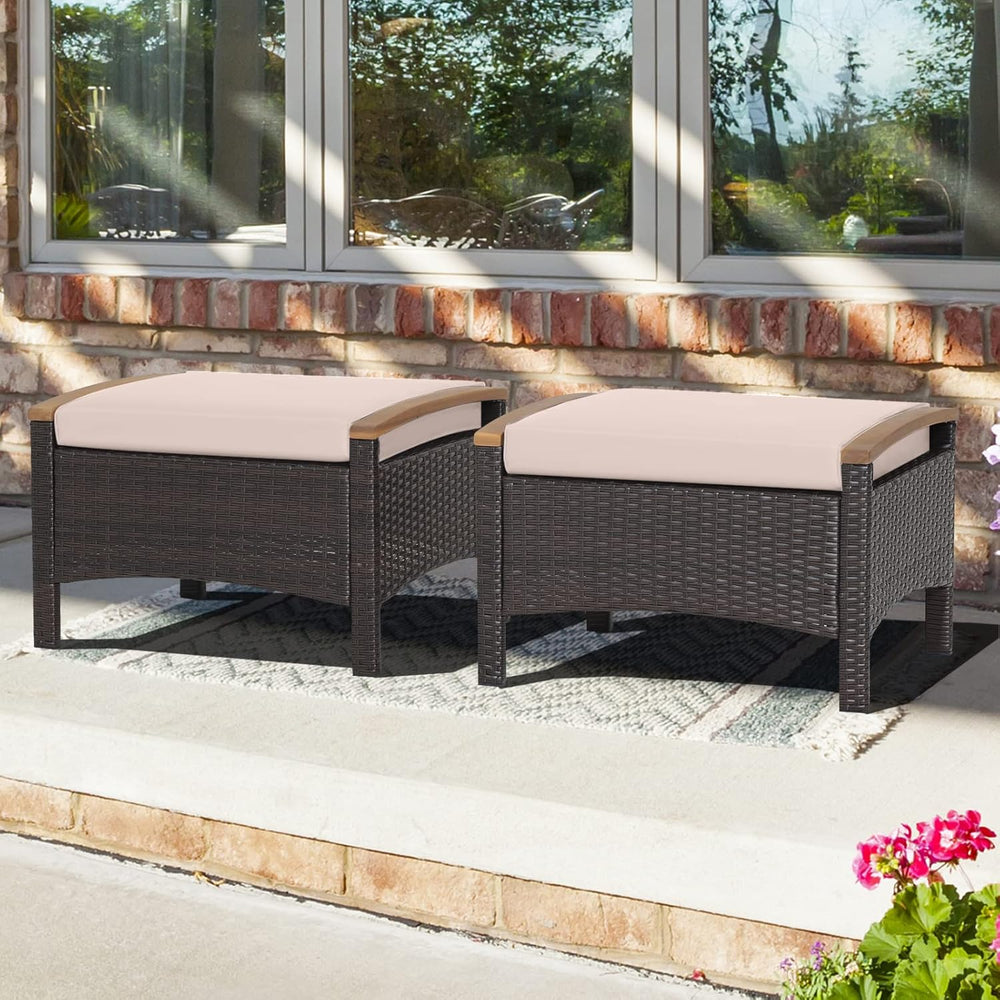 Tangkula 2 Piece Patio Rattan Ottomans, Outdoor Wicker Footstool w/Acacia Woo...