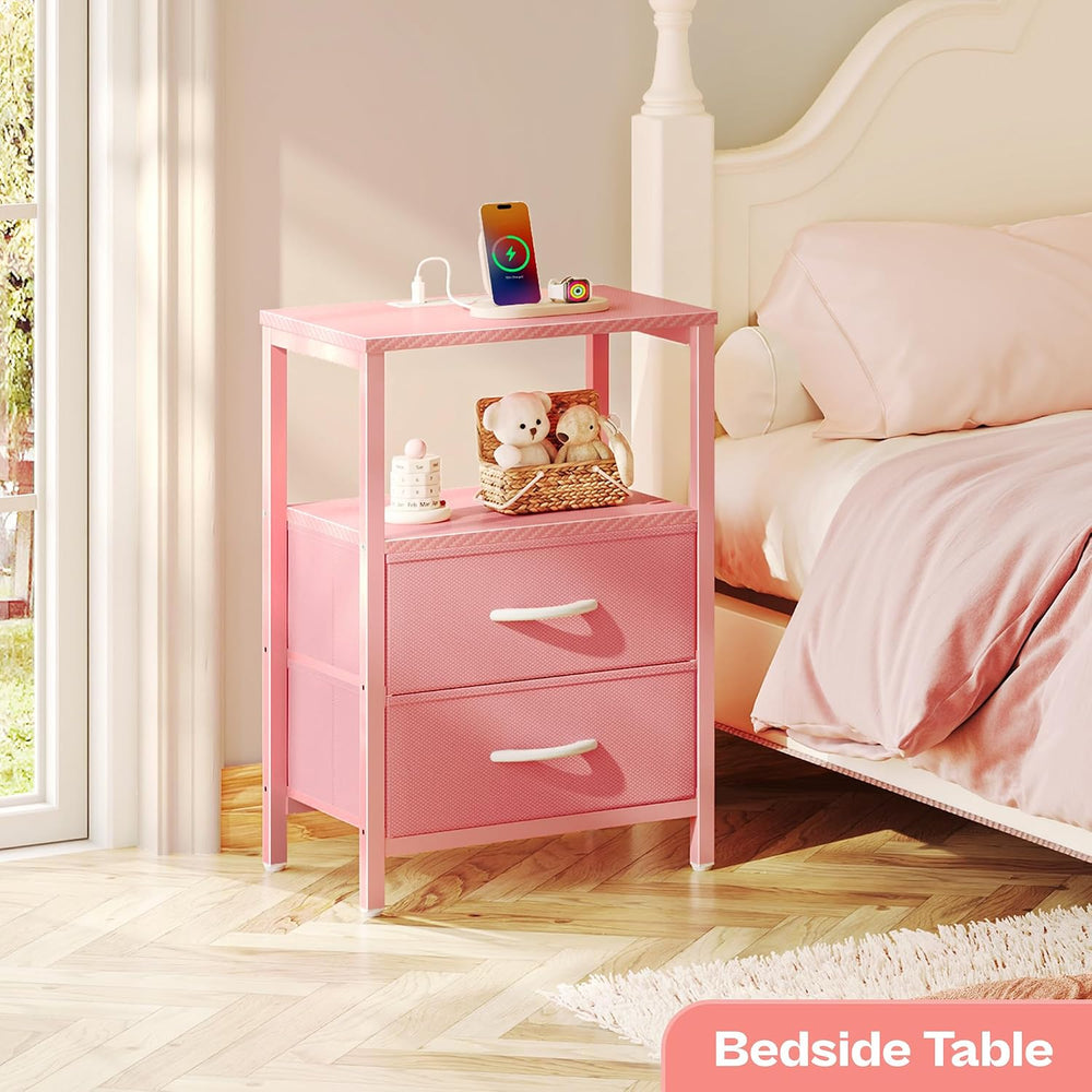 Huuger Nightstand with Charging Station, Side Table with Fabric Drawers, End ...