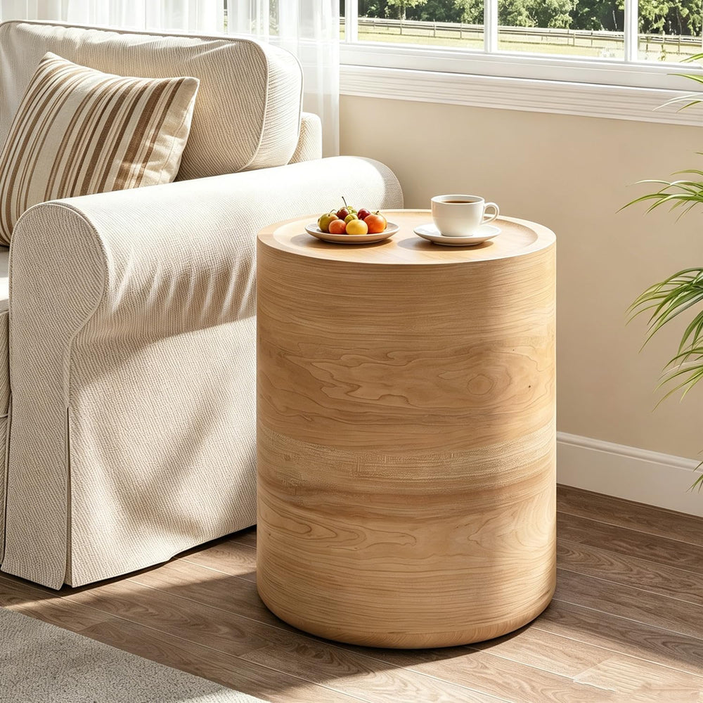 Round Drum Side Table Modern Natural Wood Color Small Accent Coffee Tables fo...