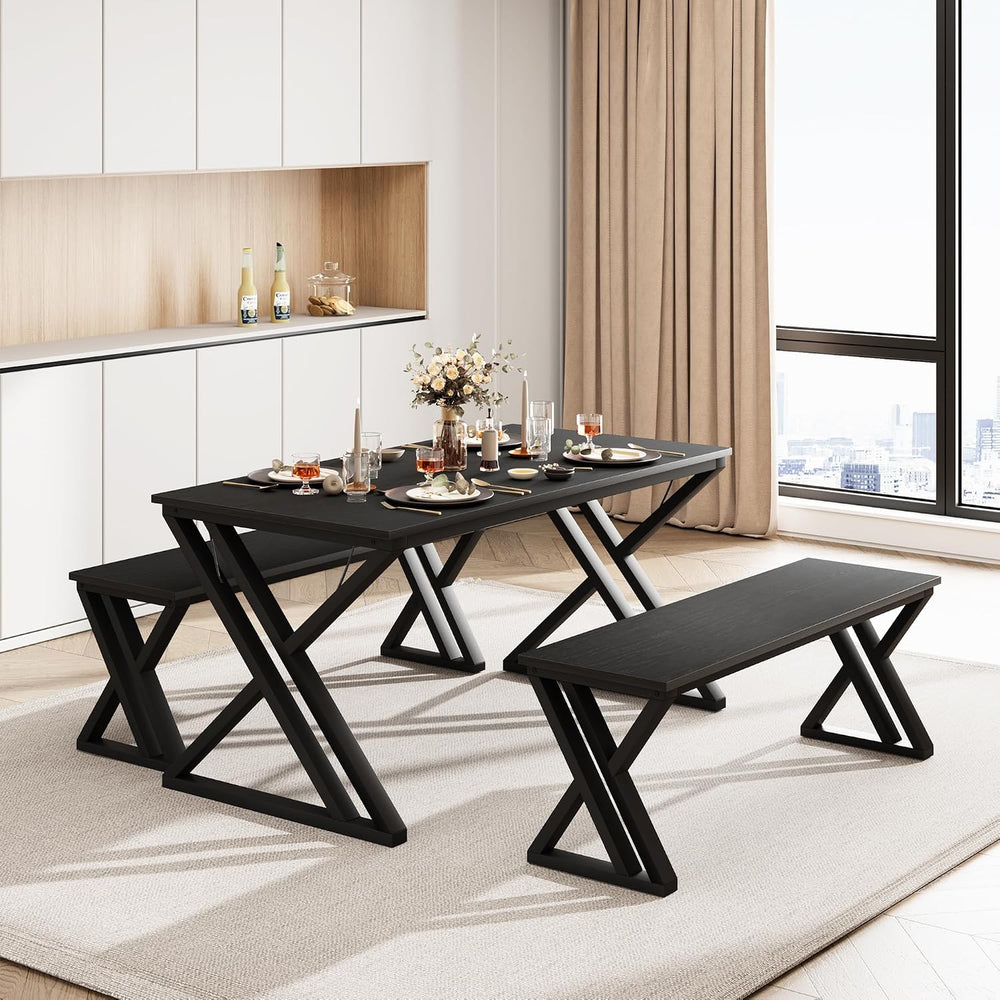 GarveeHome Kitchen Table with 2 Benches, Dining Table Set for 4,Black