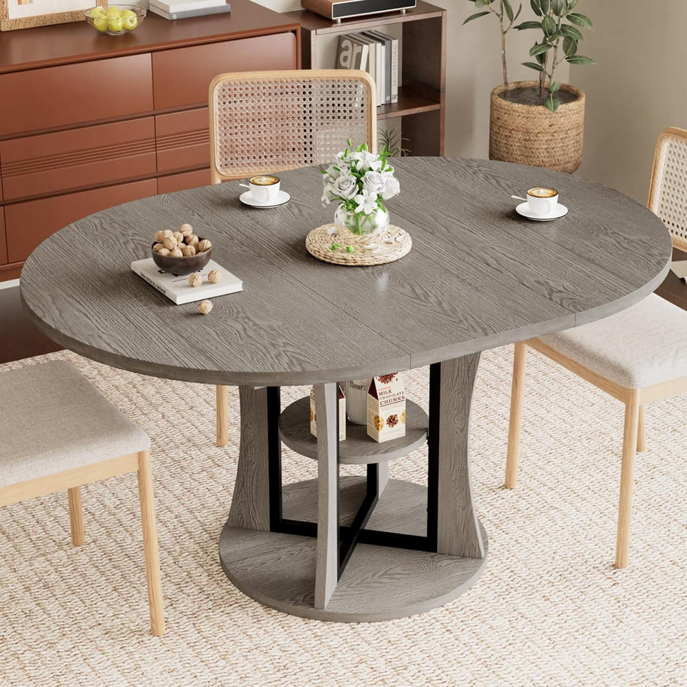 Extendable Round Dining Table for 4-6-8, 43.3-59in Expandable Kitchen Table w...