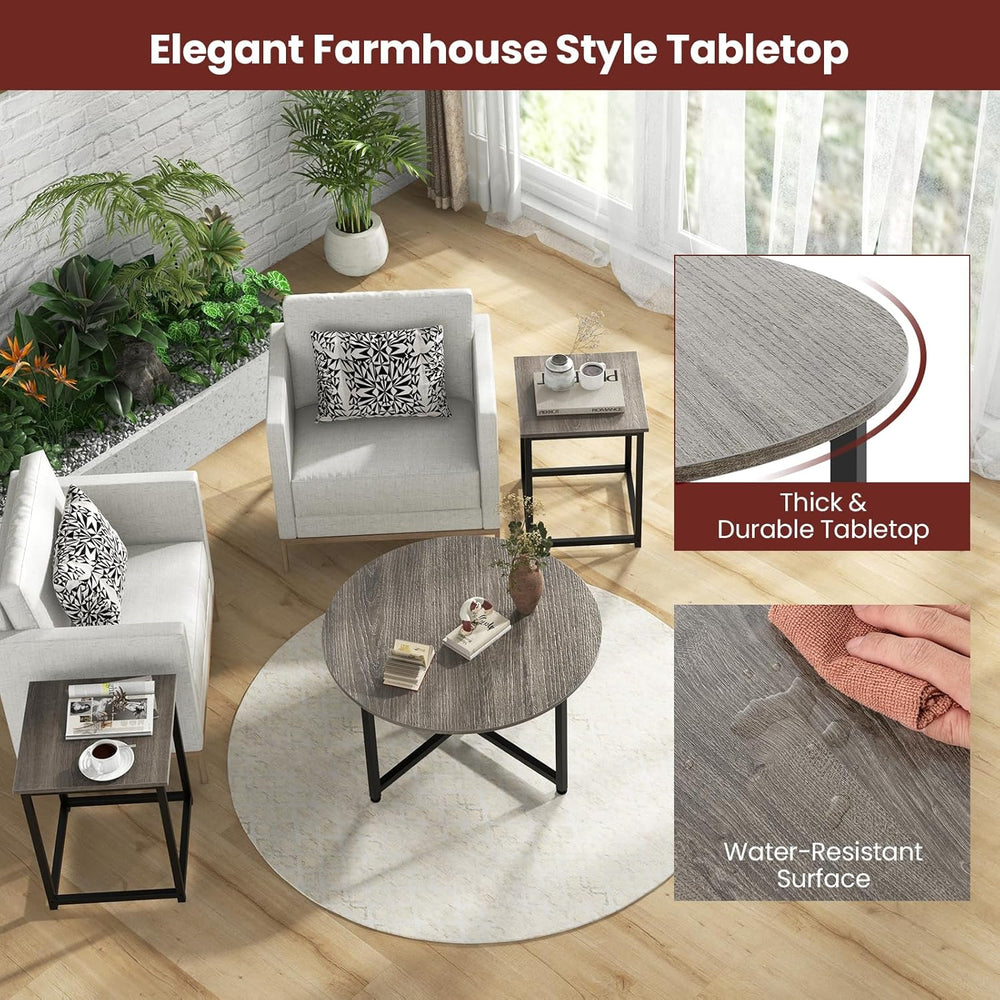 GIANTEX Round Nesting Table Set of 3, Farmhouse Living Room Table Set, Oak | ...