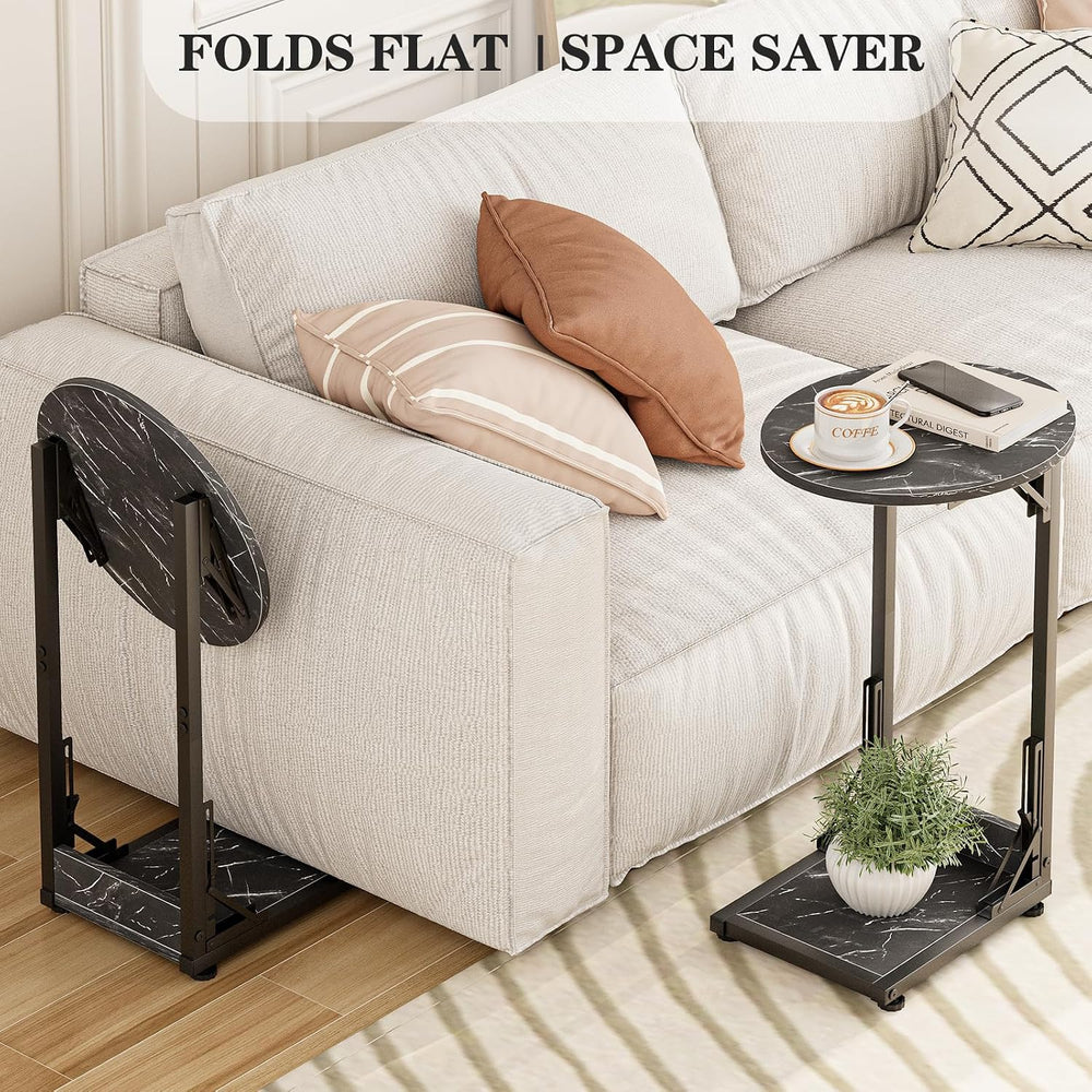 Folding Side Table, C Shaped End Table with Metal Frame, Round Couch Table &a...
