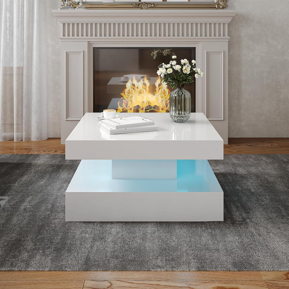 HedoAjim White LED Coffee Table for Living Room, 2-Tier Square Center Table L...