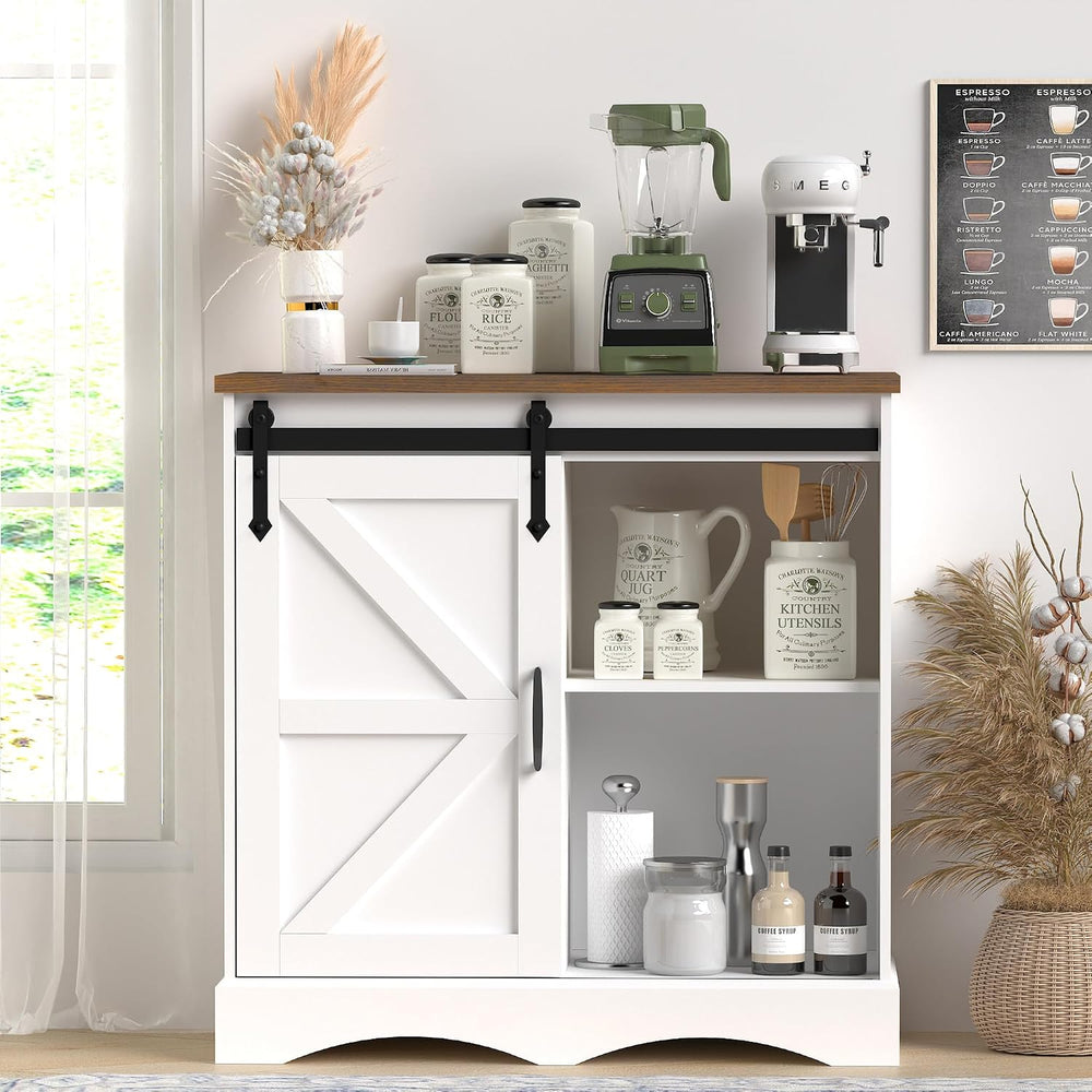 Hlivelood Farmhouse Coffee Bar Cabinet, White Buffet Storage Cabinet with Sli...