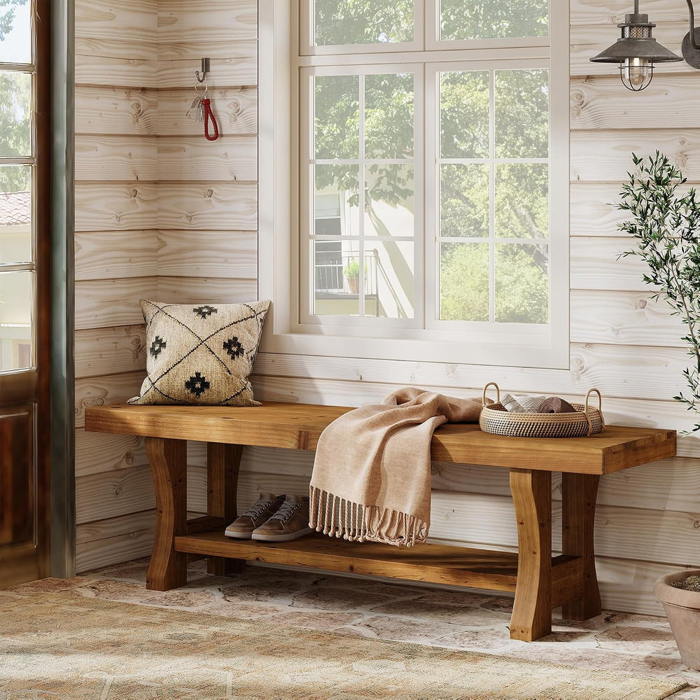 Solid Wood Entryway Bench, 55" End of Bed Bench, Long Indoor Dining Seat...