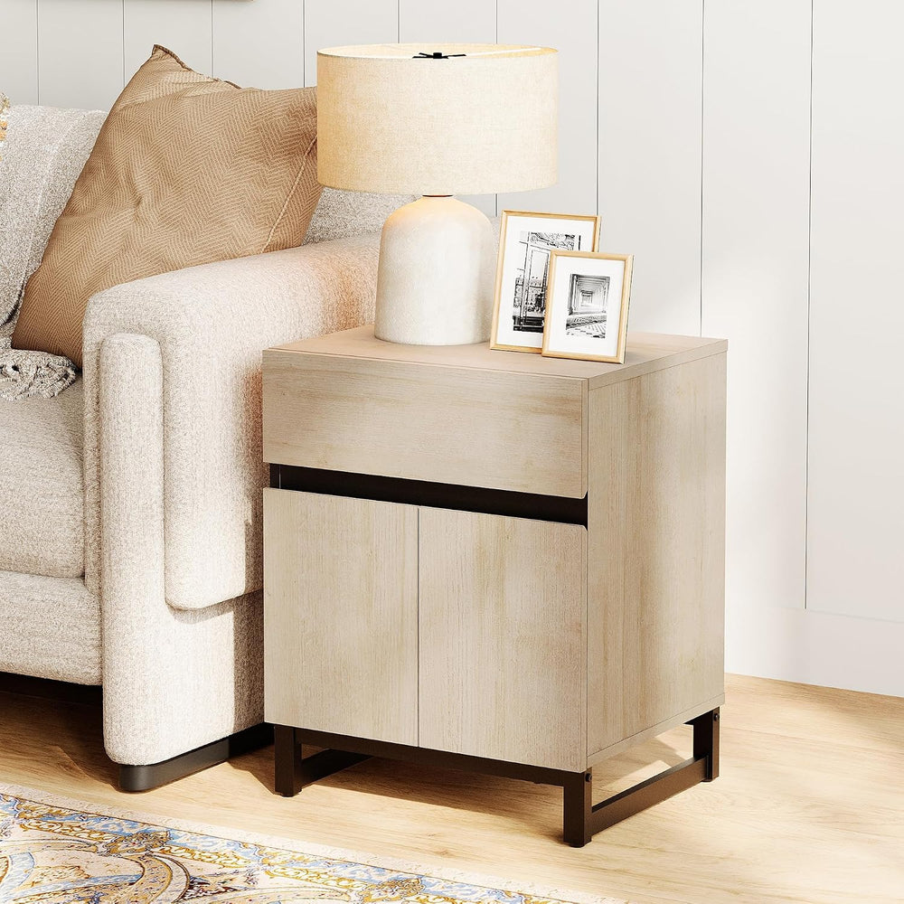 WAMPAT 2 Pack Modern End Table with 1 Drawer & 1 Storage Cabinet, Farmhou...