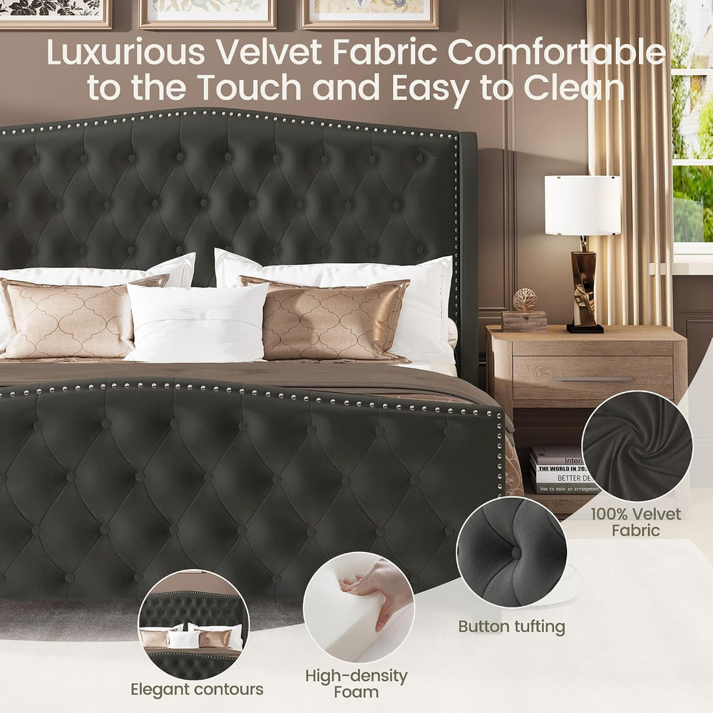 LARMACE Queen Size Bed Frame Velvet Upholstered Platform Bed with Wingback He...