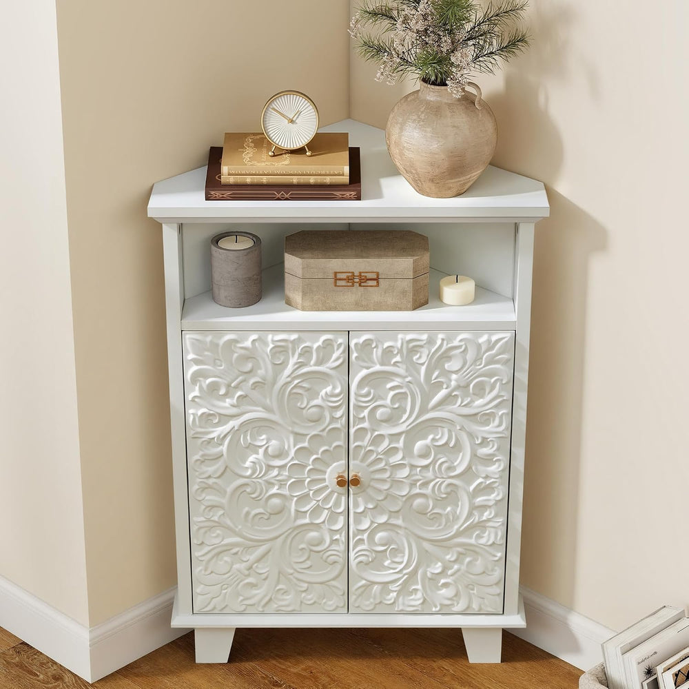 Corner Storage Cabinet, 31.5" Floral Accent Cabinet for Small Spaces, White