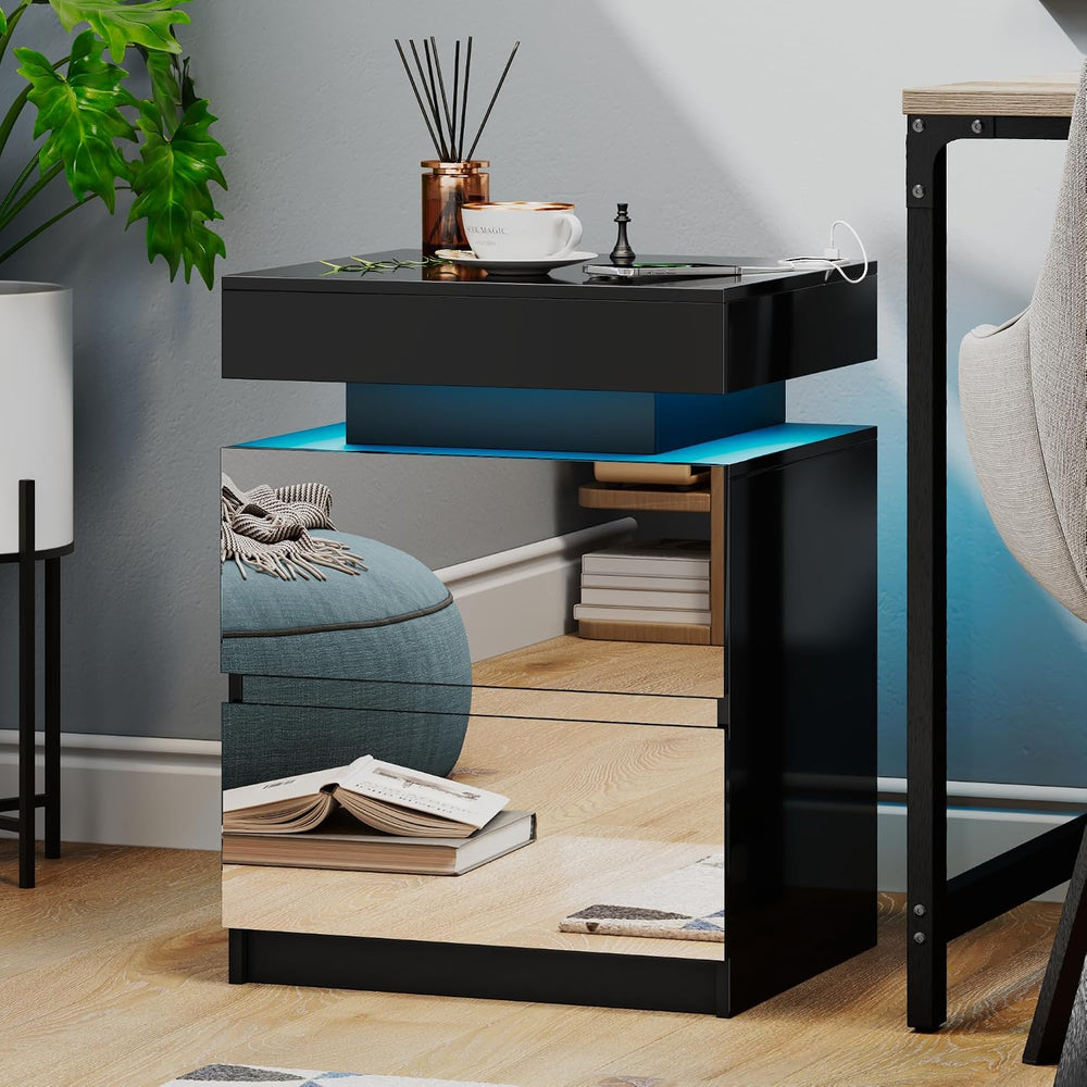 LED Nightstand - Bedside Table with Charging Station and 2 Mirrored Drawers S...