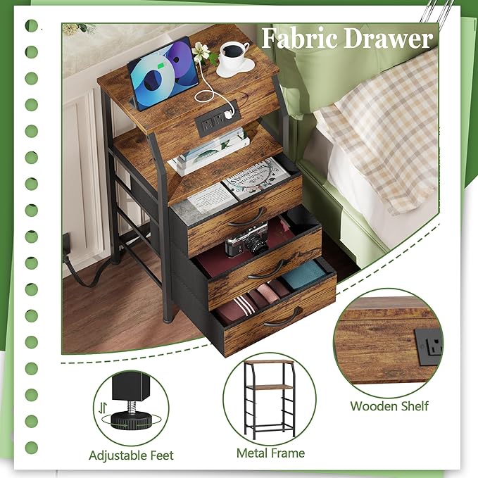 Furnulem Night Stand with Charging Station, USB Ports and Outlets, 28.3 Inch ...