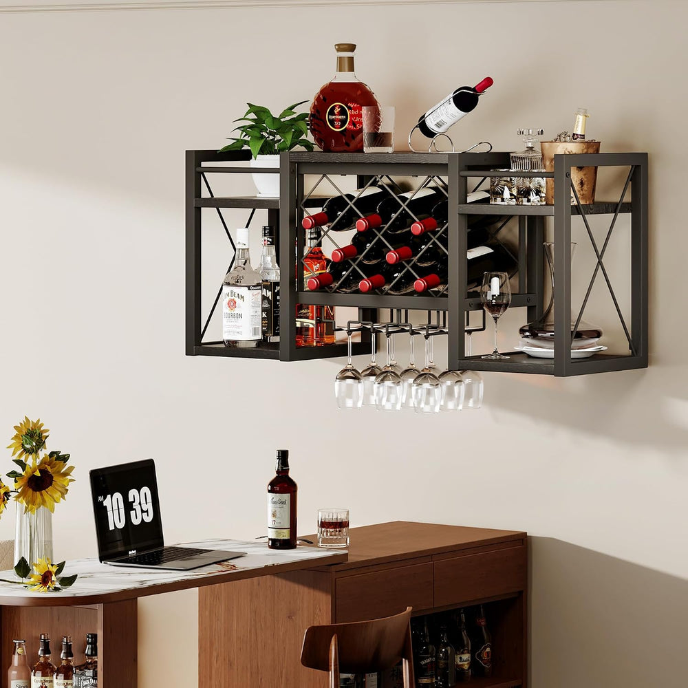 Wall Mounted Wine Rack with Glass Holder, Wood-Metal Retro Bar Shelf, Wine Bo...