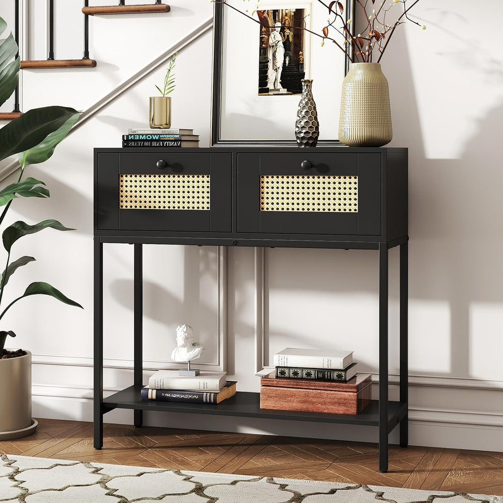 GOFLAME Rattan Console Table, Boho Entryway Table with 2 Drawers & Open S...