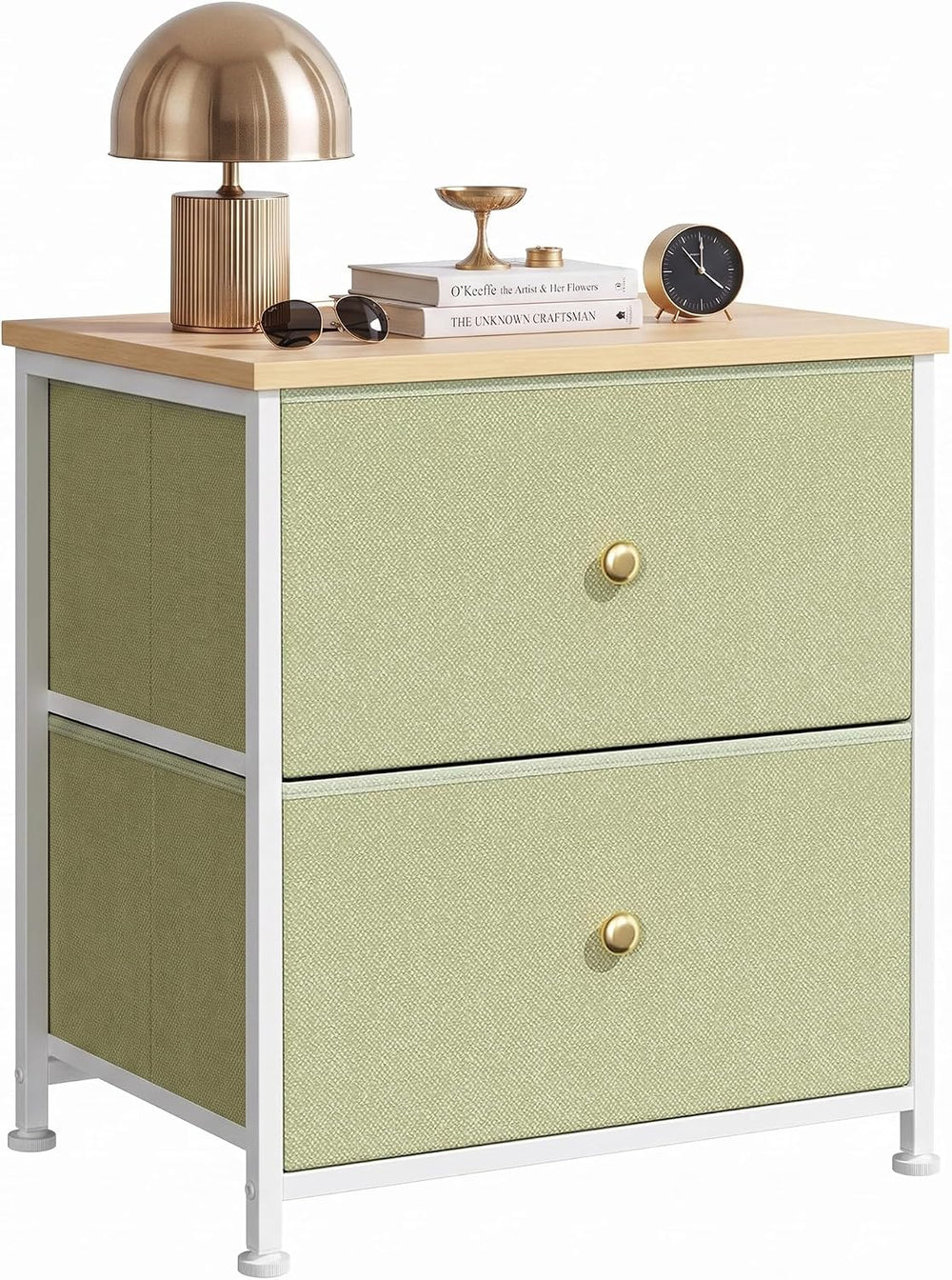 2 Drawer Fabric Nightstand, Bedside Table with Wooden Top, Light Green | Smal...