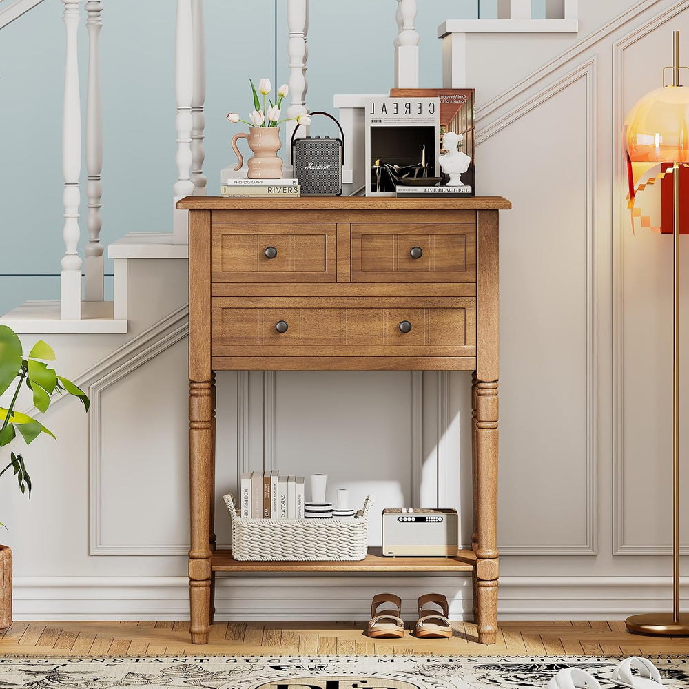 LKTART Small Solid Wood Sofa Table,Console Table with Drawers and Bottom Shel...