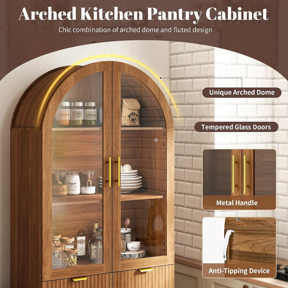 Pamapic 71" Tall Arched Cabinet, Fluted Kitchen Pantry with Glass Doors ...