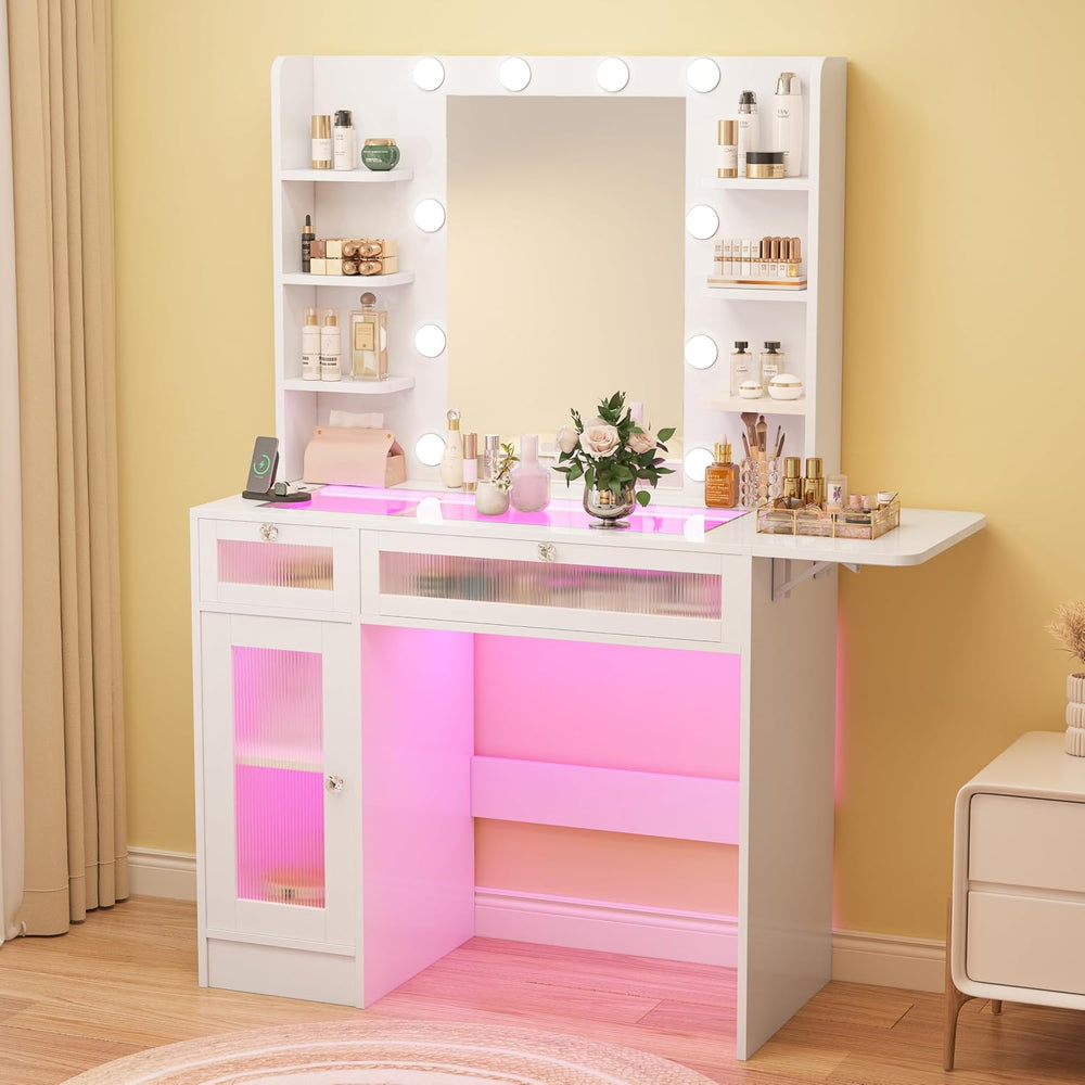 Vipbear White Vanity Desk Small Makeup Vanity Table with Mirror&Lights | ...
