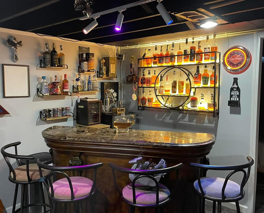 Liquor Bottles Bar Shelves Wall Mounted with LED Lighting Glass Holder, Wine ...