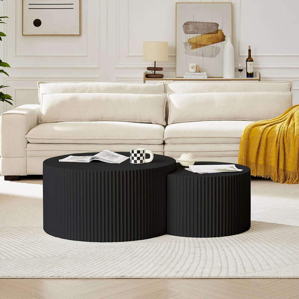 JUSTONE Nesting Coffee Table Set of 2, Modern Matte Black Round Drum Side Tab...
