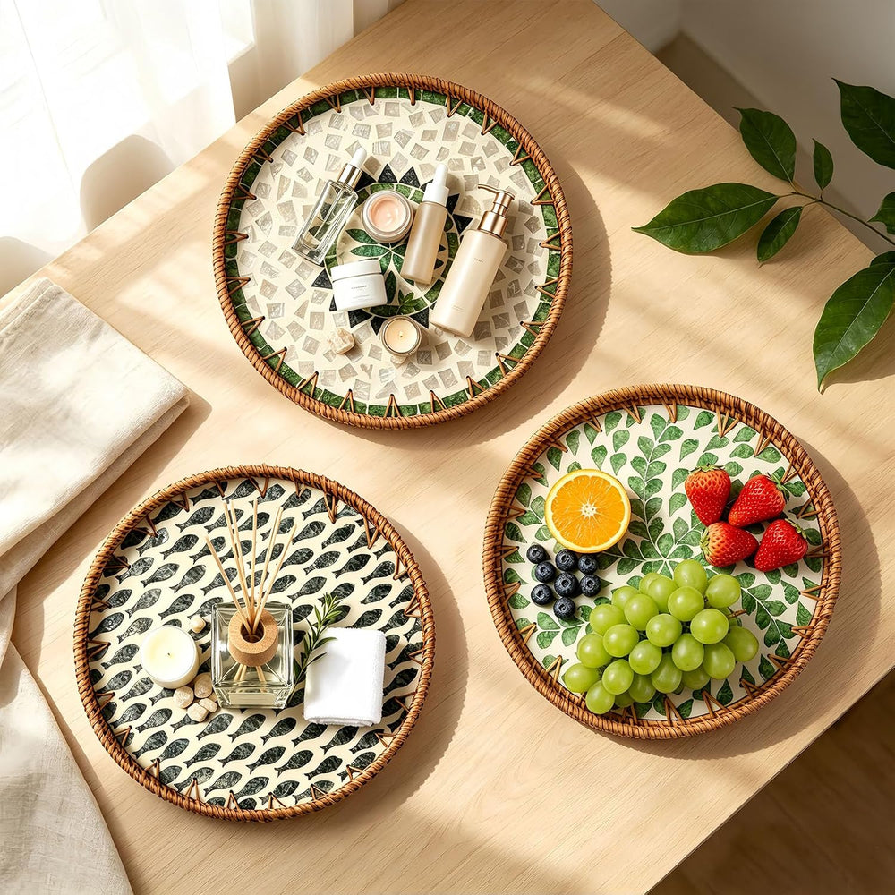 Round Rattan Tray with Mother of Pearl Inlay, Wooden Base