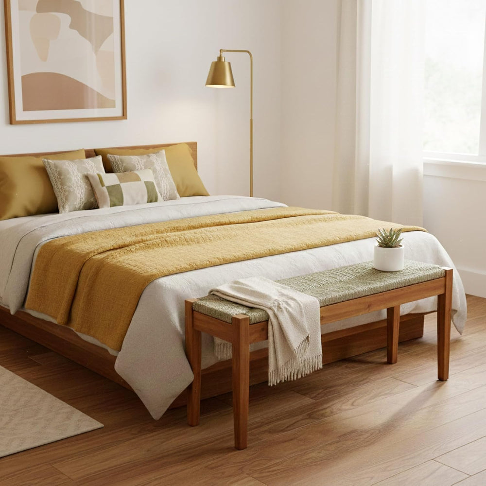 Solid Wood Acacia Indoor Bench with Natural Woven Seat, 45 Inch Wood Bench fo...