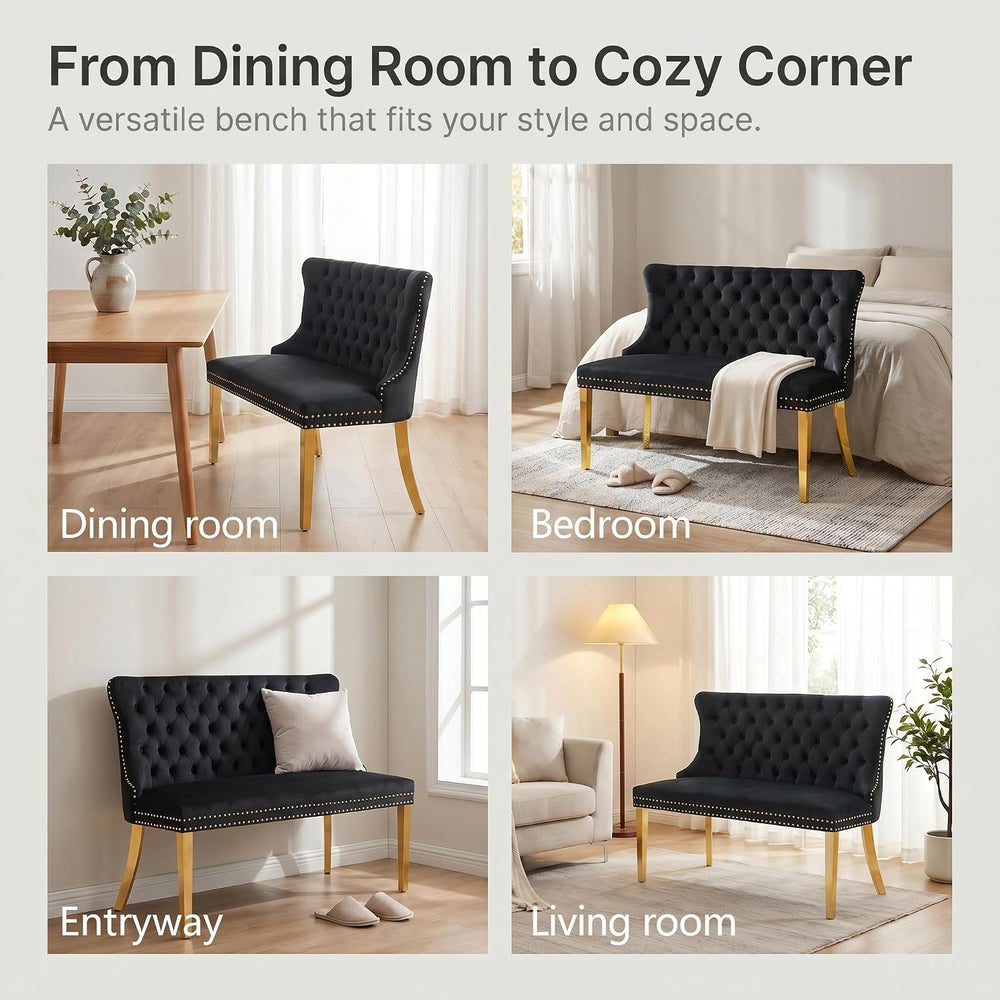 Upholstered Dining Bench with Back, Black, Gold Finish Steel Legs | Tufted Lo...