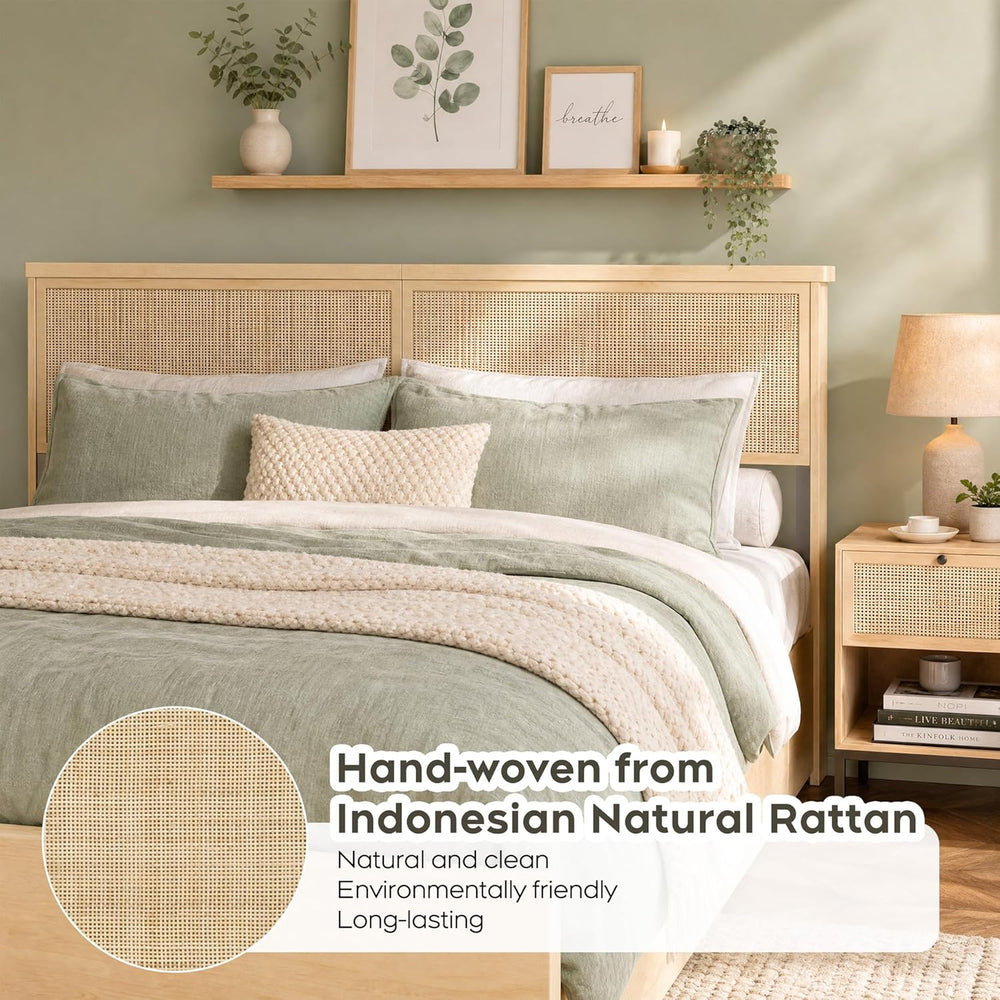 Yechen Queen Bed Frame with Natural Rattan Headboard and Wooden 4 Storage Dra...