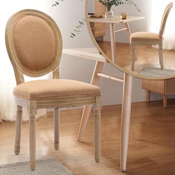 Linen Upholstered Dining Chairs Set of 6 French Country Oval Fabric Back Kitc...