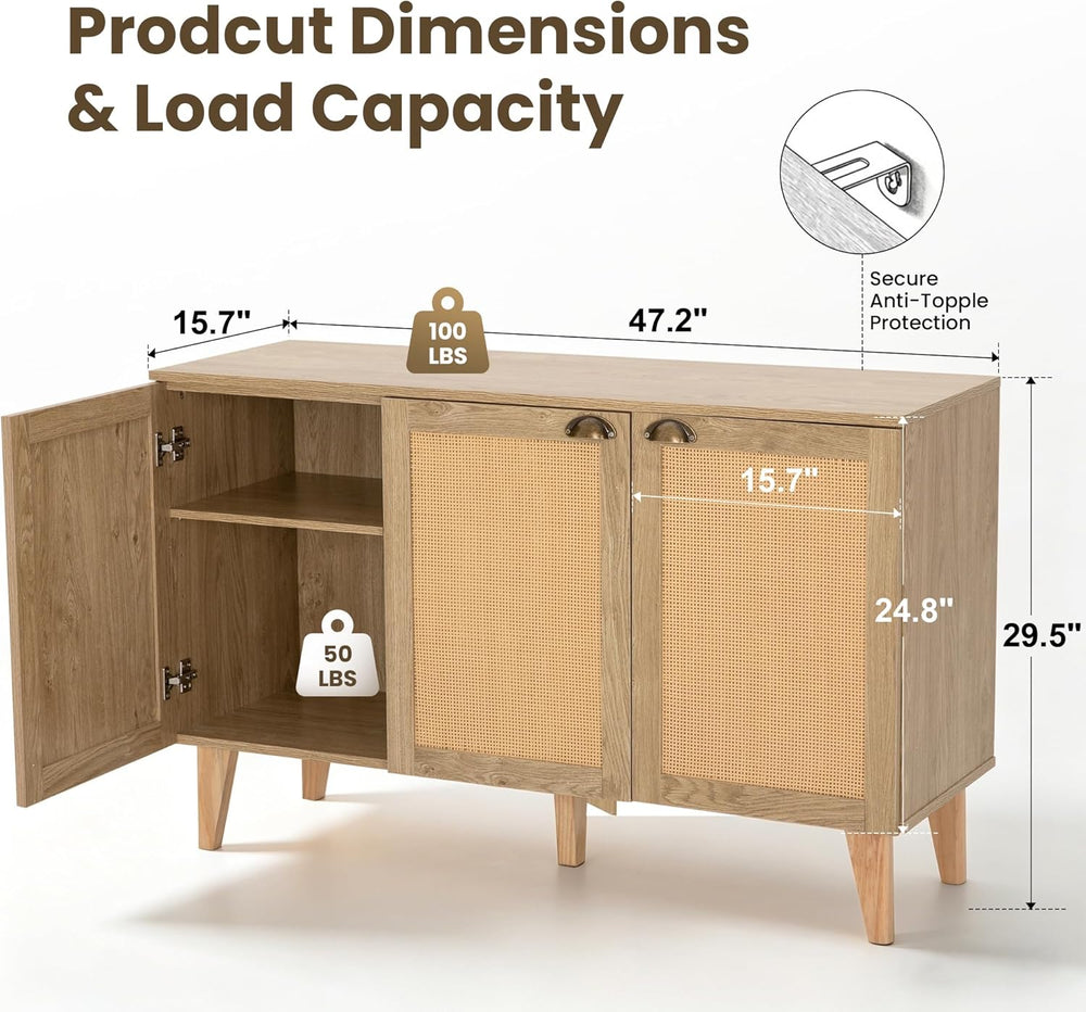 GREEN PARTY 47" Rattan Sideboard Buffet Cabinet with Storage, 3-Door Boh...