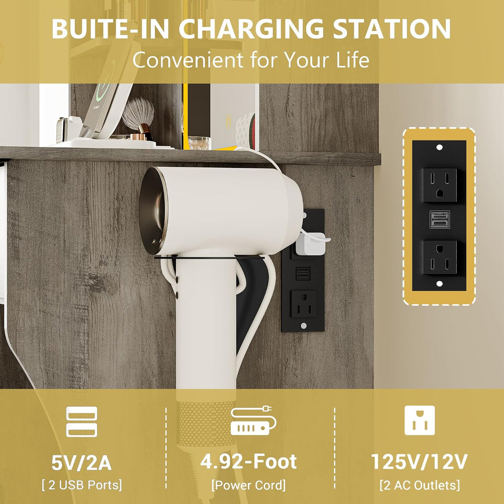 Vanity Desk with LED Lights Mirror & Power Outlet, Small Makeup Vanity Ta...