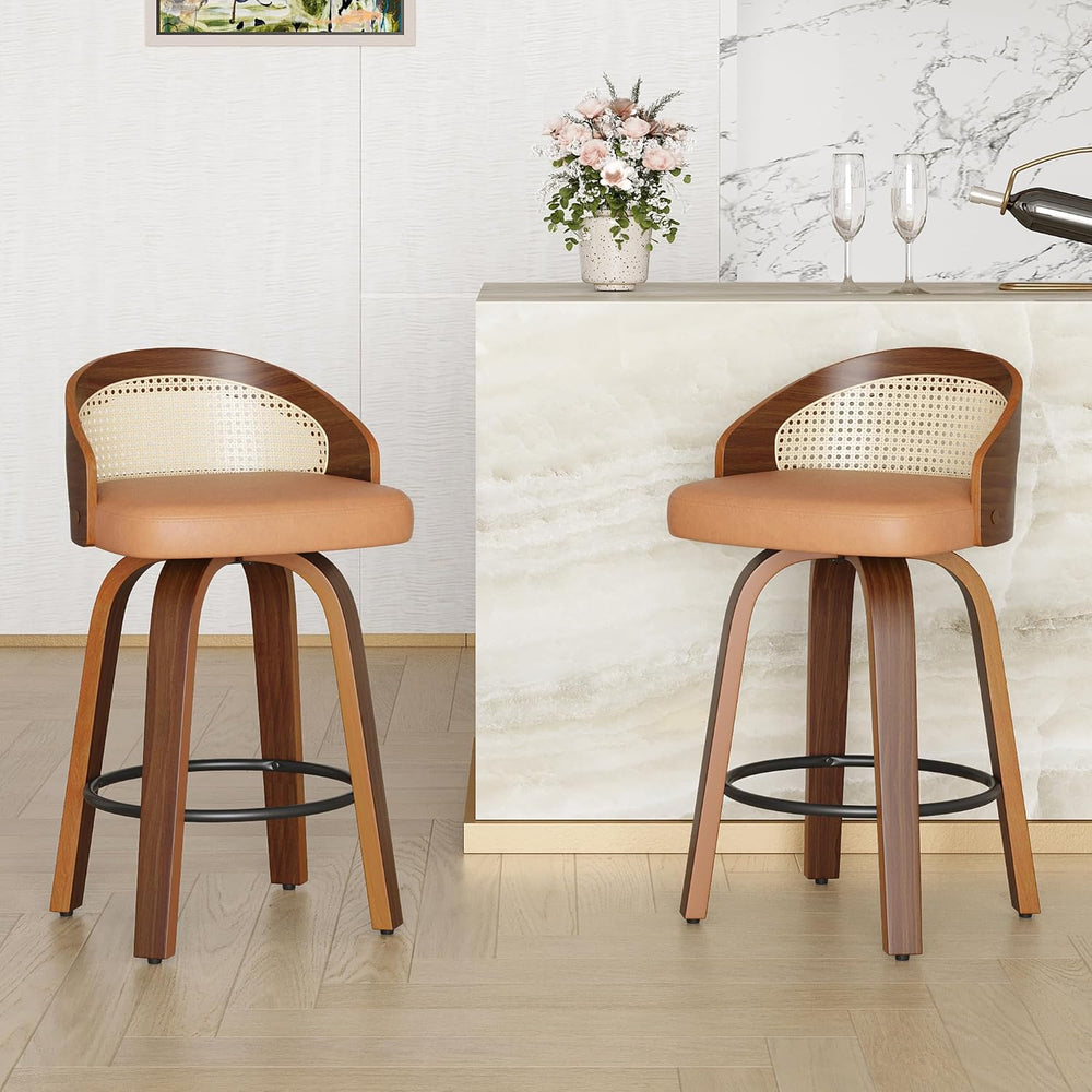 Yellow Bar Stools Set of 2 32.3" H 360° Swivel Rattan Back