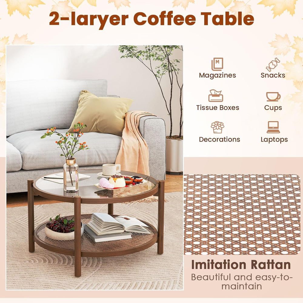 GIANTEX Rattan Coffee Table, Boho Round Glass Tea Table with PE Rattan Storag...