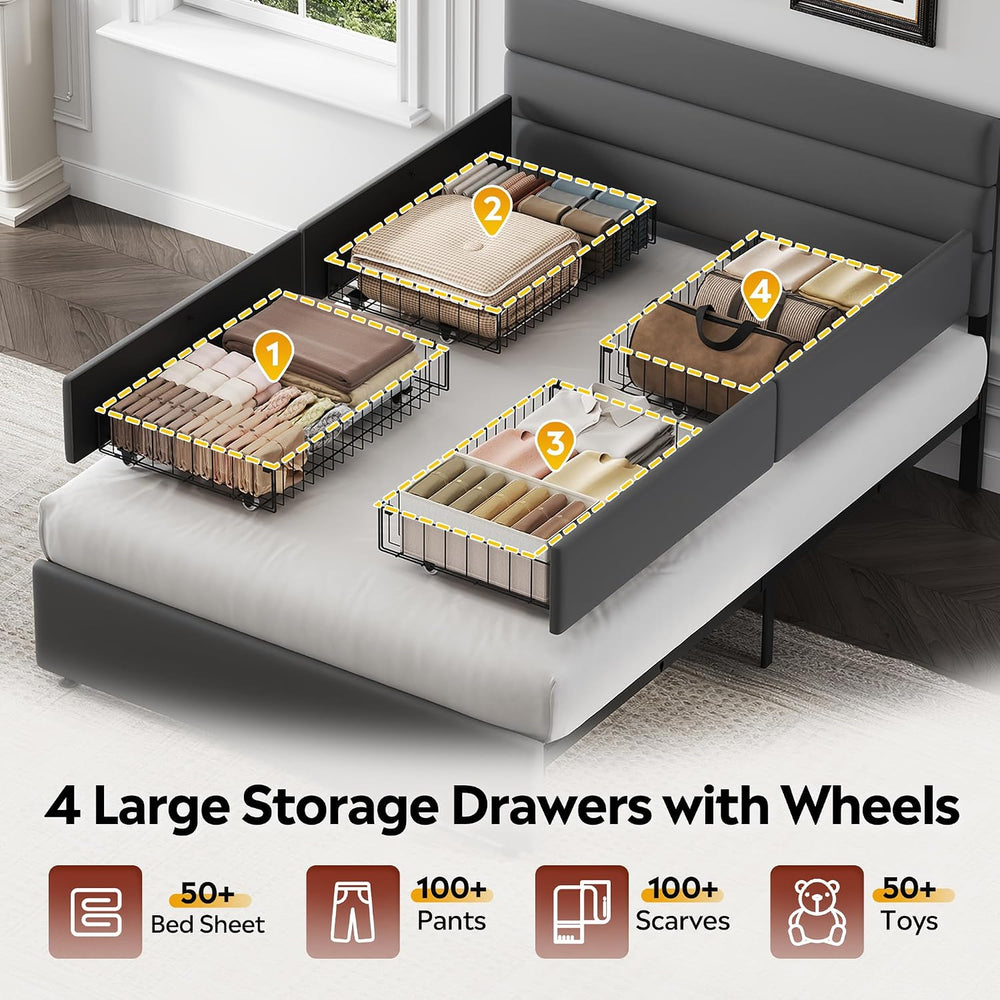 WLIVE Full Size Upholstered Bed Frame with 4 Storage Drawers and Headboard, V...
