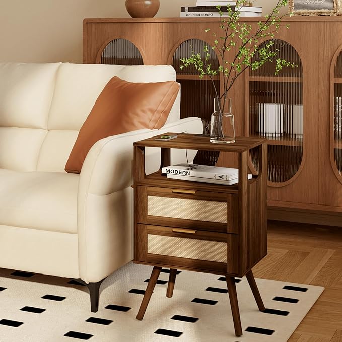 Rattan Nightstand with Charging Station,Farmhouse Bedside Table with 2 Storag...